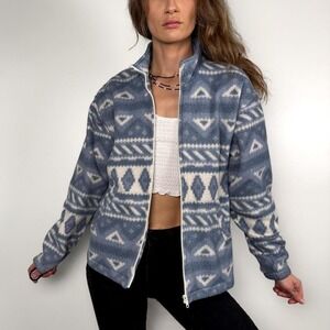 90s Vintage Lavon Blue & White Aztec Fleece Zip-Up Jacket | Unisex Medium